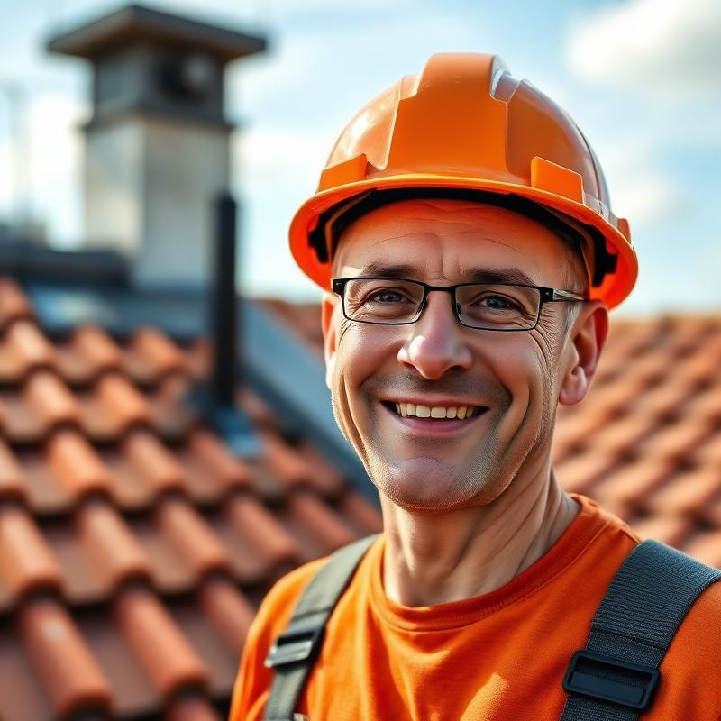 Dachdecker mit Helm auf einem Ziegeldach
